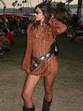 LIZAKOSHT  -  Fashion Knitted Striped Short Dress For Women O-neck Flare Sleeve Backless Lace Up Dresses 2025 Summer Chic Lady beach Vestidos